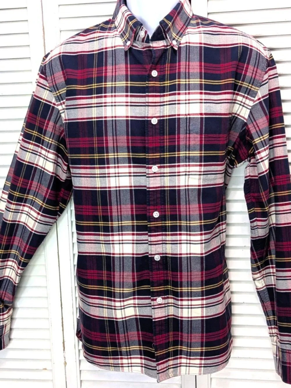 J Crew Mens Flex Oxford Shirt Large Red White Blue Plaid Button Down Slim $24